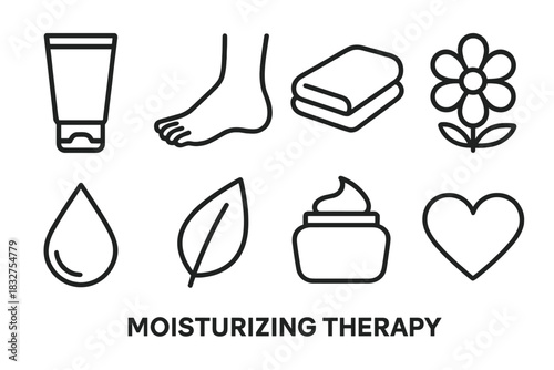 Moisturizing Therapy Icons. Moisturizing therapy concept linear icon set: lotion tube, foot, towel, flower, droplet, leaf, cream jar, heart
