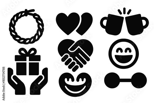 Friendship Icons Set. Friendship & Trust silhouette icon set. friendship bracelet, two hearts, smiling duo, coffee mugs clinking, shared gift, heart handshake, laughter face