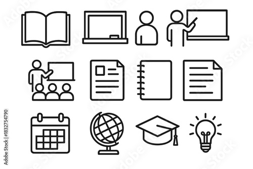 Educational Icons. Educational Evidence linear icon set: open book, chalkboard, teacher icon, classroom, student group, document page, notebook, calendar, globe, graduation cap