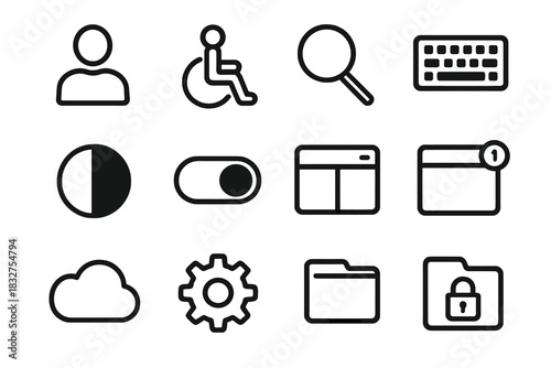 Inclusive Design Icons. Inclusive Design linear icon set: human silhouette, accessibility icon, magnifying glass, keyboard icon, high contrast mode, toggle switch, dashboard screen