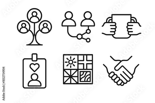 Community Connection Icons. Community Connections linear icon set: community tree, connection line, shared cup, volunteer badge, culture mosaic tile, partnership clasp