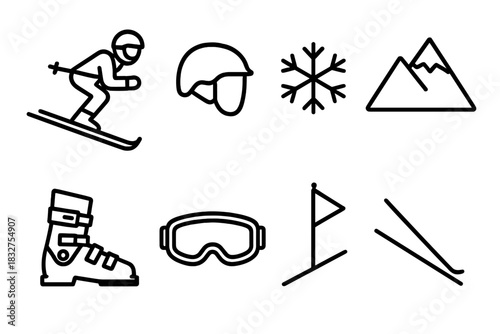 Skiing Icon Set. Downhill Skiing linear icon set: skier, helmet, ski poles, boots, snowflake, mountain, goggles, slope marker