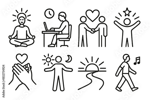 Purposeful Lifestyle Icons. Labor Day purposeful lifestyle themes linear icon set: mindful start, steady workflow, community connection, wellbeing spark, gratitude moment, balanced