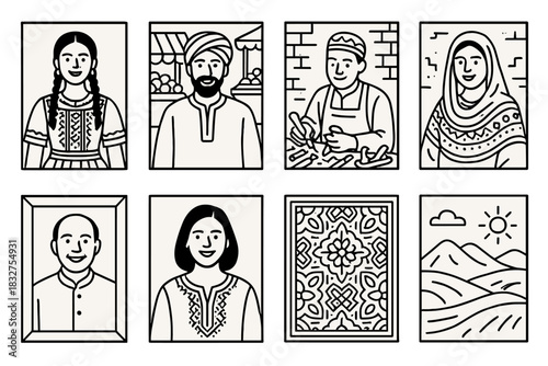 Cultural Artisan Portraits. Cultural Environmental Portraits linear icon set: traditional outfit, marketplace, artisan tools, wall texture, portrait frame, smiling face, local