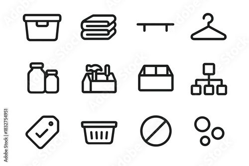Home Organization Icons. Home Tidiness Symbols linear icon set: storage bin, folded stack, wall shelf, closet hanger, kitchen jars, tool caddy, divider box, organization chart