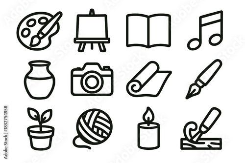Creative Hobby Icons. Creative pastimes linear icon set: watercolor palette, easel, notebook, musical note, clay pot, camera, fabric roll, calligraphy pen, wood carving, plant