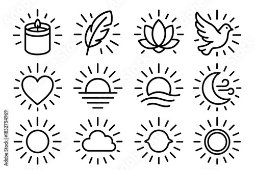 Sacred Light Icons. Sacred Light linear icon set : candle jar, feather, lotus flower, radiant glow, dove, heart, sunrise hue, moon beam, soft breeze, glowing aura, halo, gentle