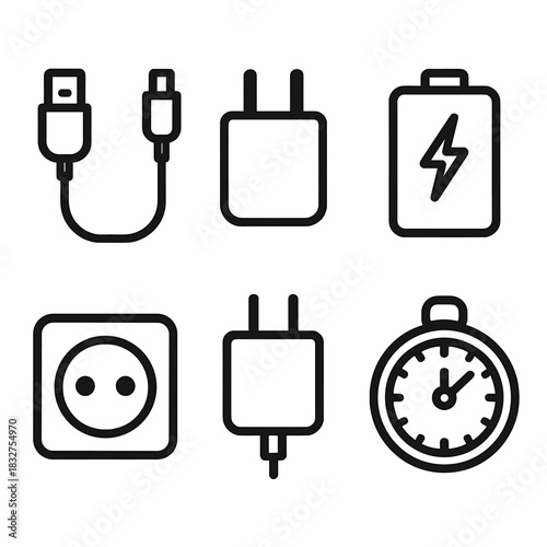 Outline Charging Icons. Charging Essentials linear icon set. charging cable, wall plug, battery icon, adapter, socket, timer