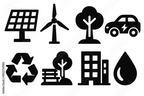 Sustainable Icon Collection. Sustainable Urbanism silhouette icon set: solar panel, wind turbine, tree, electric car, recycle symbol, park, building, water droplet