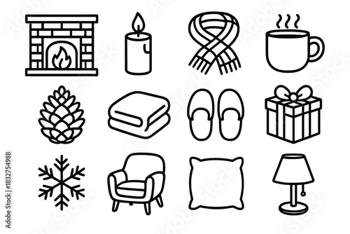 Cozy Winter Icons. Seasonal Warmth Set linear icon set: fireplace, flickering candle, knitted scarf, steaming drink, pinecone, blanket, slippers, gift box, snowflake, chair, cozy