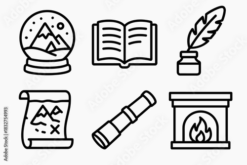 North Pole Study Icons. North Pole Study linear icon set: snow globe, open book, feather pen, map scroll, telescope, fireplace mantle