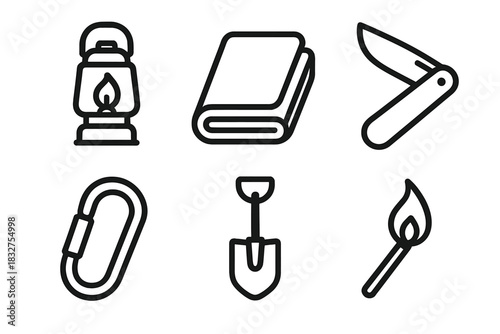 Essential Outdoor Gear. Outdoor Gear Essentials linear icon set: portable lantern, thermal blanket, pocket knife, carabiner, camp shovel, windproof match