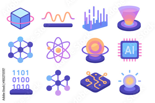 Quantum Innovation Icons. Quantum Innovation flat icon set: qubit cube, light wave, data stream, hologram, crystal lattice, atom, energy ring, AI processor, binary flow, connection