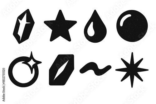 Bold Shimmer Icons. Shimmer and shine silhouette icon set : crystal shard, glitter star, glowing drop, shiny orb, sparkle ring, metallic gleam, light wave, radiant point