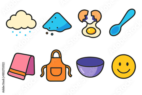 Messy Baking Icons. Messy Fun flat icon set: flour cloud, spilled sugar, cracked egg, spoon, towel, apron, mixing bowl, smiley face