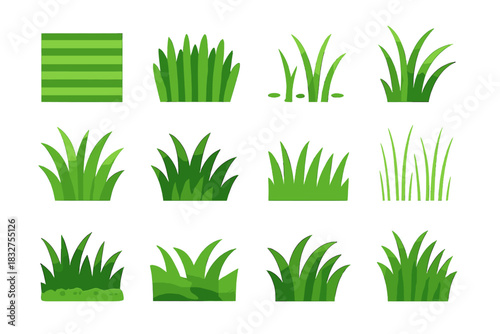 Stylized Grass Patterns. Grass Texture Forms flat icon set: striped mowing lines, dense cluster pattern, sparse blades, curved stems, layered tufts, overlapping silhouettes