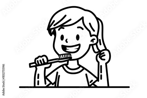 girl brushing his teeth with a toothbrush. Vector outline illustration.