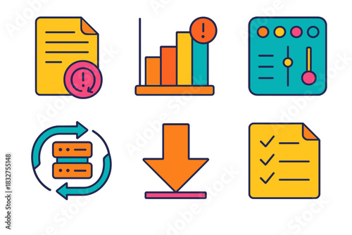 Vibrant Continuity Icons. Continuity Planning Set flat icon set: scenario sheet, impact chart, control panel, redundancy symbol, mitigation arrow, readiness checklist