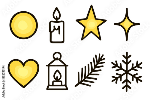 Glowing Icon Artistry. Warm radiance linear icon set : glowing orb, candle, star, sparkle, heart, lantern, pine branch, snowflake