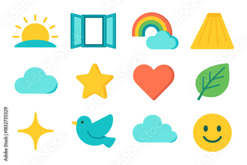 Vibrant Outlook Icons. Bright Outlook flat icons set. sunrise, open window, rainbow, light beam, cloud, star, heart, leaf, spark, bird, sky, smile