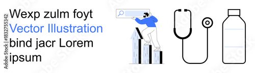 Business growth, digital marketing, healthcare, research, sustainability, data analysis. Man on bar graph searching online, stethoscope plastic bottle icon. Business growth and digital marketing