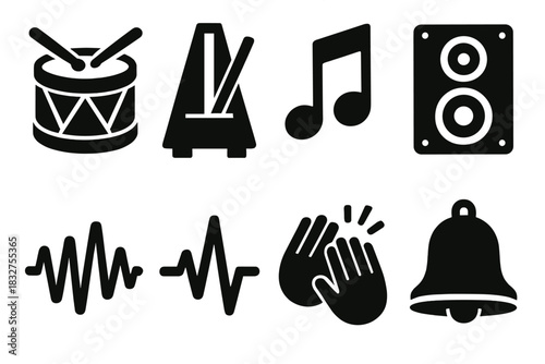 Rhythmic Icons Set. Musical Rhythm silhouette icon set. drum, metronome, music note, speaker, waveform, beat line, clap, bell.