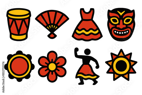 Cultural Dance Icon Set. Cultural Dance silhouette icon set: drum, fan, dress, mask, tambourine, flower, dancer, sun