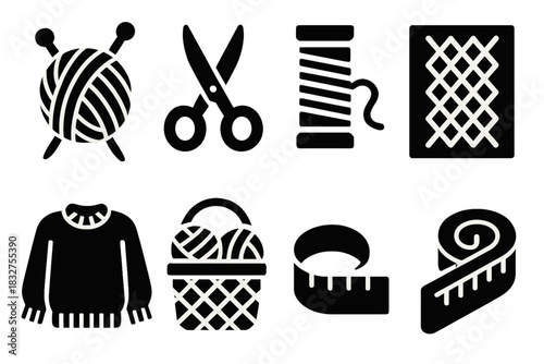 Bold Knitting Icons. Knitting Essentials silhouette icon set. yarn ball, knitting needles, scissors, thread, pattern sheet, sweater, basket, measuring tape.
