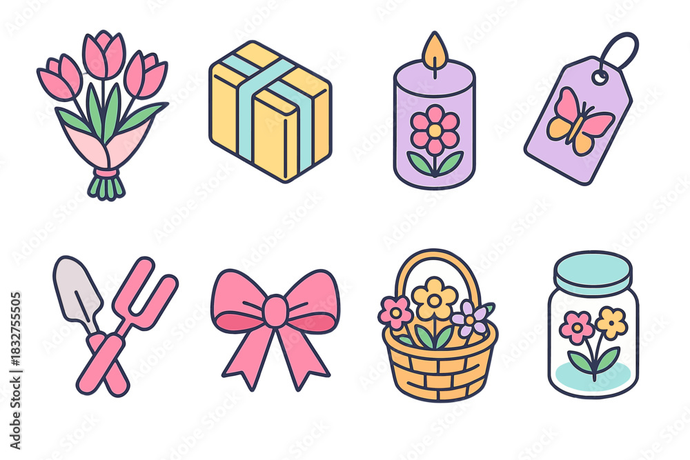 Fototapeta premium Spring Gift Icons. Spring Gift Themes flat icon set: tulip bouquet, pastel wrapping, floral candle, butterfly tag, garden tools, ribbon bow, flower basket, glass jar