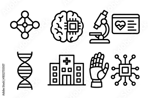 Healthcare Tech Icons. AI in Healthcare linear icon set. neural network, brain chip, microscope, data dashboard, DNA strand, hospital building, robot hand, circuit board