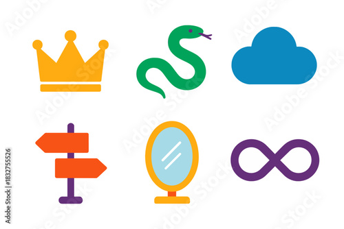 Mythic Icon Symphony. Mythic Duality flat icon set: crown, serpent, cloud, crossroad, mirror, infinity symbol