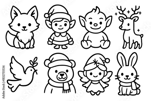 Holiday Creatures Icons. Holiday Creatures linear icon set: north pole fox, santa’s helper, snow imp, glowing reindeer, holiday dove, jolly bear, snow sprite, festive rabbit