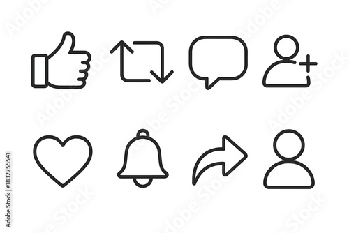 Social Media Icons. Online interaction concept linear icon set: thumbs up, repost symbol, message bubble, follow icon, heart, notification bell, share arrow, user profile