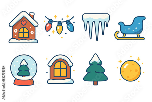 Whimsical Winter Icons. Fairy-Tale Winter Scene flat icon set: gingerbread house, twinkling lights, icicle roof, sleigh, snow globe, cozy window, evergreen tree, glowing moon