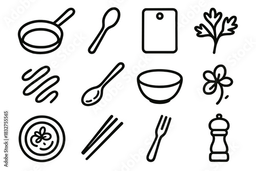 Culinary Iconography. Creative cooking linear icon set: pan, spoon, cutting board, herbs, sauce drizzle, tasting spoon, bowl, garnish, plate, chopsticks, fork, pepper mill