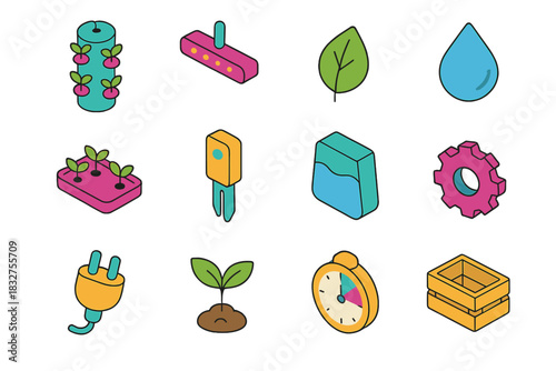 Vertical Farming Icons. Vertical Farming flat icons set. tower garden, LED light, leaf, water droplet, plant tray, sensor, nutrient tank, gear, plug, sprout, timer, crate