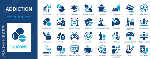 Addiction flat icons collection. Alcoholism, tobacco, gambling, antidepressant, cannabis, junk food, steroids, overdose, cocaine, hallucinogens sign set.