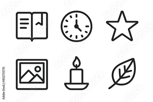 Year-End Reflections. Reflection of the Year linear icon set. journal, clock, star, snapshot, candle, leaf