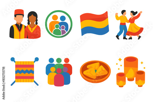 Cultural Heritage Icons. Heritage Celebration flat icons set. cultural attire, family circle, flag colors, folk dance, handmade crafts, community gathering, traditional food