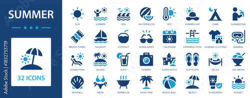 Summer flat icons collection. Sun, sea, ice cream, swimming pool, camp, sunscreen, beach, camera, sunglasses sign set.