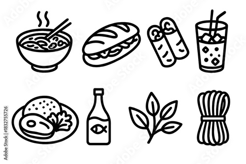 Vietnamese Street Food Icons. Vietnamese street food concept linear icon set: pho bowl, banh mi, spring roll, iced coffee, rice plate, fish sauce bottle, herbs, noodles