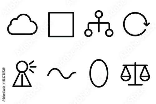 Balance-Oriented Icons. Creative Balance-Oriented Decision Icons linear icon set: concept cloud, structured frame, branching choices, iterative loop, highlight beam, flowing curve