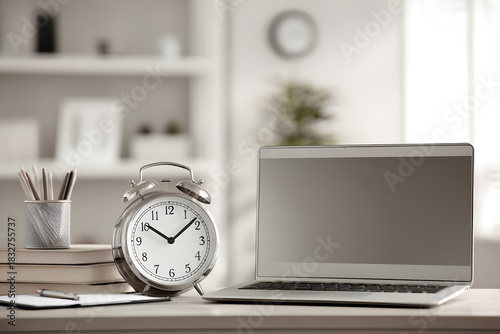 a laptop computer sitting on top of a desk next to a clock