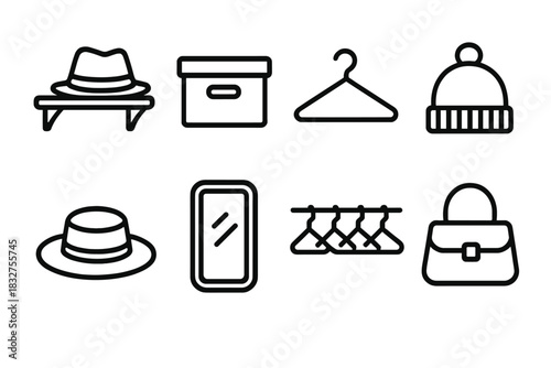 Closet Organization Icons. Closet Organization Icons linear icon set. hat shelf, storage box, hanger, beanie, straw hat, mirror, hanger rail, bag.