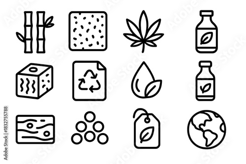 Eco-Friendly Material Icons. Sustainable Materials linear icon set. bamboo, cork, hemp leaf, natural fiber, algae block, recycled paper, soy ink, plant oil bottle, wooden plank