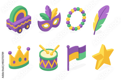 Mardi Gras Icons. Mardi Gras Parade flat icons set. float, mask, beads, feather, crown, drum, flag, star