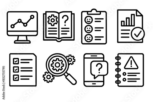 IT Service Icons. IT service quality improvement tools linear icon set: performance tracker, troubleshooting guide, customer survey, SLA report, quality assurance checklist, system