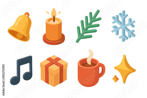 Festive Holiday Icons. Holiday harmony flat icon set : winter bell, glowing candle, evergreen twig, snow star, music note, wrapped present, warm mug, sparkle