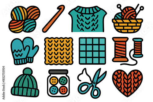 Wool Craft Icons. Handmade Wool Crafts linear icon set: colorful yarn, crochet hook, sweater detail, knitting basket, mittens, fabric swatch, pattern grid, thread spool, wool hat