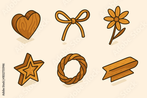Rustic Ornaments Icons. Rustic Ornaments flat icon set: wooden heart, twine bow, dried flower, carved star, woven wreath, jute ribbon